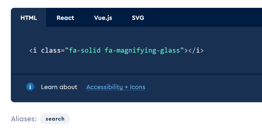 Image of the FontAwesome site showing the magnifying glass's code (magnifying-glass) and aliases (search).