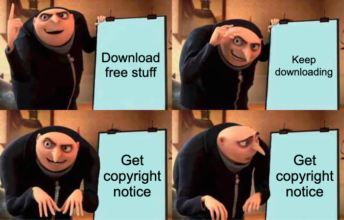Badly-made meme where Gru downloads free stuff and then receives a copyright notice